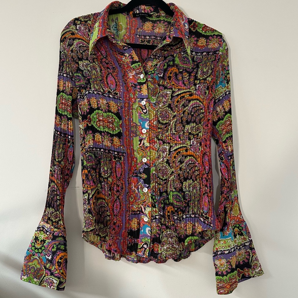 Y2K LE CAVIAR women's bright multi colour abstract pattern flare cuff blouse, XL